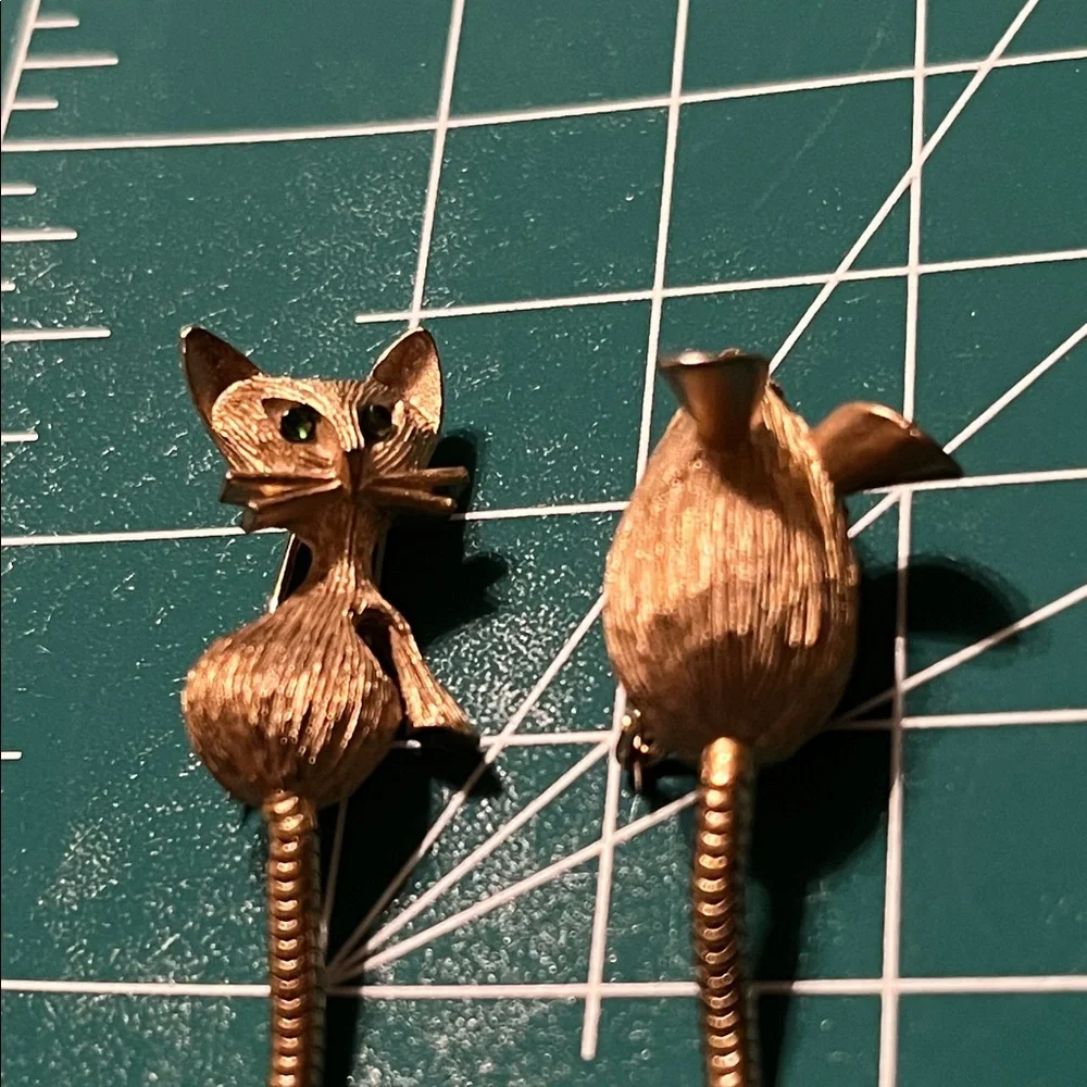 Vintage gold tone, cat and mouse, brooch, duo, brush, gold rhinestone eyes